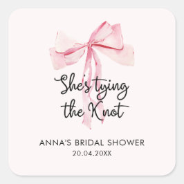 Pegatina Cuadrada Elegante Ducha de Novia con Lazo Rosa