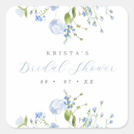 Pegatina Cuadrada Elegante ducha de novia floral azul claro