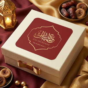 Pegatina Cuadrada Elegante Eid Mubarak Caligrafía Árabe Rojo Dorado