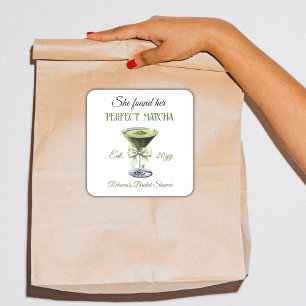 Pegatina Cuadrada Elegante Ella Encontró Su Boda Perfecta de Matcha