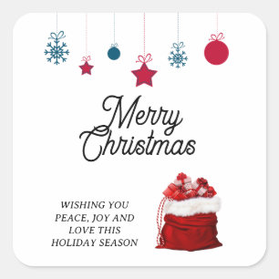 Pegatina Cuadrada Elegante en blanco y rojo   Feliz Navidad