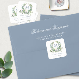 Pegatina Cuadrada Elegante Escudo floral de guión azul Monograma Bod