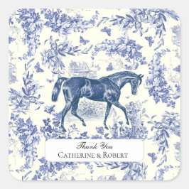 Pegatina Cuadrada Elegante Estampa Floral Toile de Caballo Azul Blan