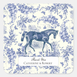 Pegatina Cuadrada Elegante Estampa Floral Toile de Caballo Azul Blan