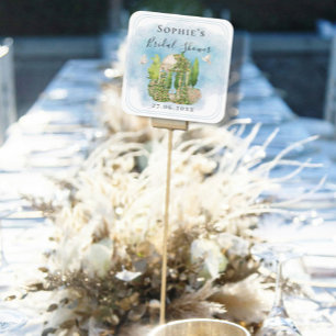 Pegatina Cuadrada Elegante Estatua Gazebo Doves Flores Bridal Shower