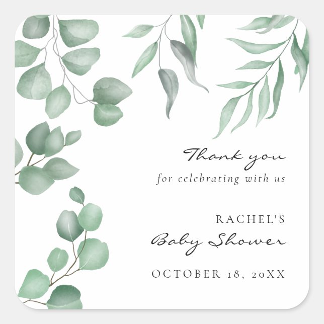 Pegatina Cuadrada Elegante Eucalyptus Baby Shower Greenery Foliage (Anverso)