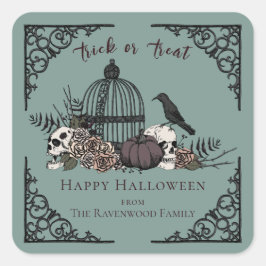 Pegatina Cuadrada Elegante Eucalyptus Gótico Feliz Halloween