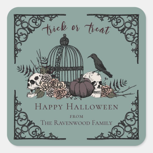 Pegatina Cuadrada Elegante Eucalyptus Gótico Feliz Halloween (Anverso)