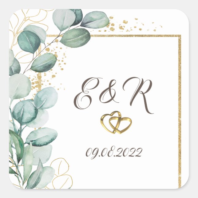 Pegatina Cuadrada Elegante Eucalyptus Greenery Gold Frame Boda (Anverso)