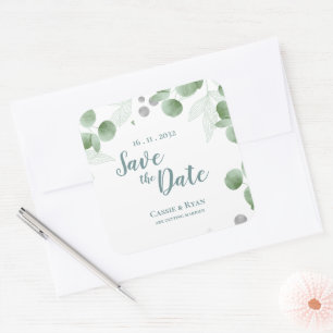 Pegatina Cuadrada Elegante Eucalyptus Greenery Wedding Save the date