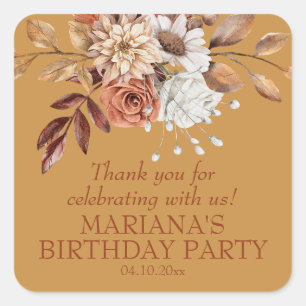 Pegatina Cuadrada Elegante Fall Floral Gold Party Favor