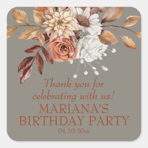 Pegatina Cuadrada Elegante Fall Floral Gray Party Favor