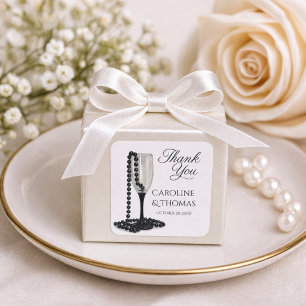 Pegatina Cuadrada Elegante Favor de Boda Blanco Negro Agradecimiento