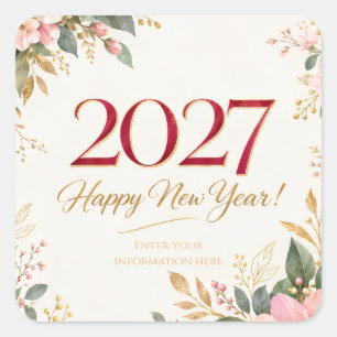 Pegatina Cuadrada Elegante felicitación botánica de Año Nuevo slyte