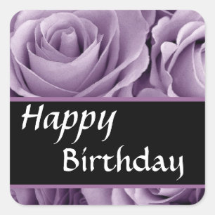 Pegatina Cuadrada Elegante Feliz Cumpleaños Soft Purple Rosas