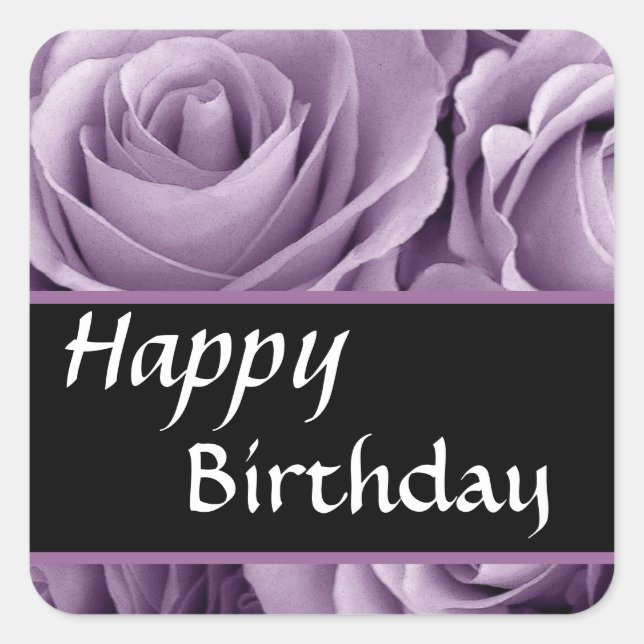 Pegatina Cuadrada Elegante Feliz Cumpleaños Soft Purple Rosas (Anverso)