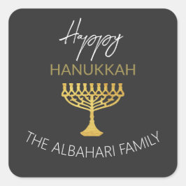 Pegatina Cuadrada Elegante Feliz Hanukkah Golden Menorah