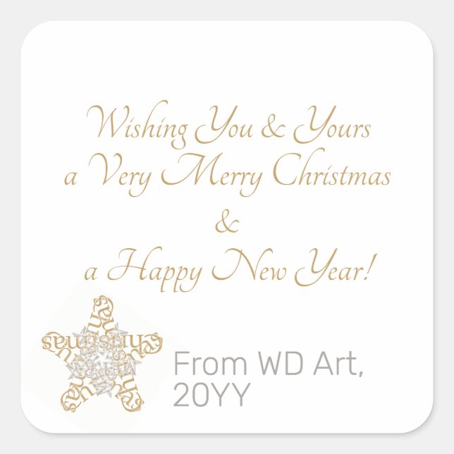Pegatina Cuadrada Elegante Feliz Navidad Gold, caligrafía plateada (Anverso)