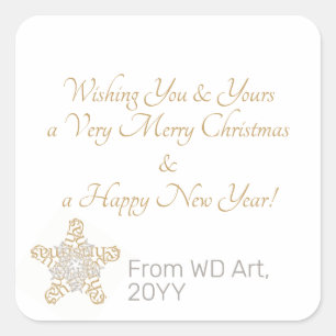 Pegatina Cuadrada Elegante Feliz Navidad Gold, caligrafía plateada