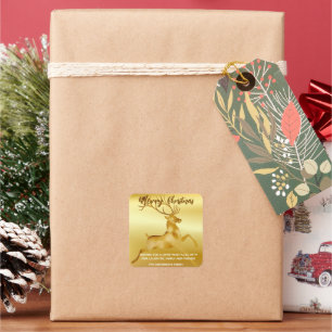 Pegatina Cuadrada Elegante Feliz Navidad Oro Santa Deer Moose Navida