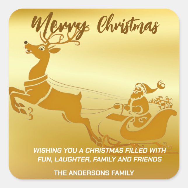 Pegatina Cuadrada Elegante Feliz Navidad Oro Santa Sled Navidad (Anverso)