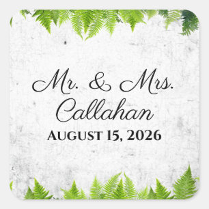 Pegatina Cuadrada Elegante Fern Natural Romantic Leaves Boda