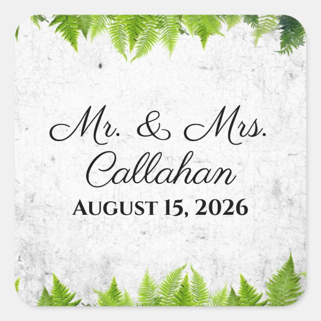 Pegatina Cuadrada Elegante Fern Natural Romantic Leaves Boda (Anverso)