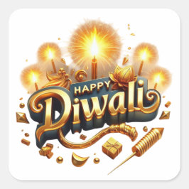Pegatina Cuadrada Elegante Festival de Velas de Oro Diwali Feliz