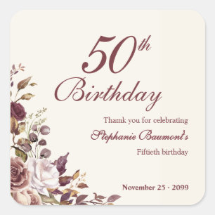 Pegatina Cuadrada Elegante fiesta de cumpleaños número 50 con flores