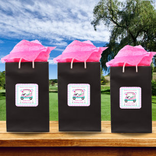 Pegatina Cuadrada Elegante Fiesta de Golf para Mujeres en Carrito de