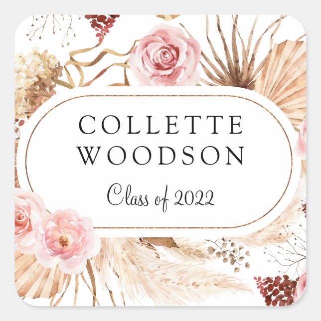 Pegatina Cuadrada Elegante fiesta de graduación botánica floral Invi (Anverso)