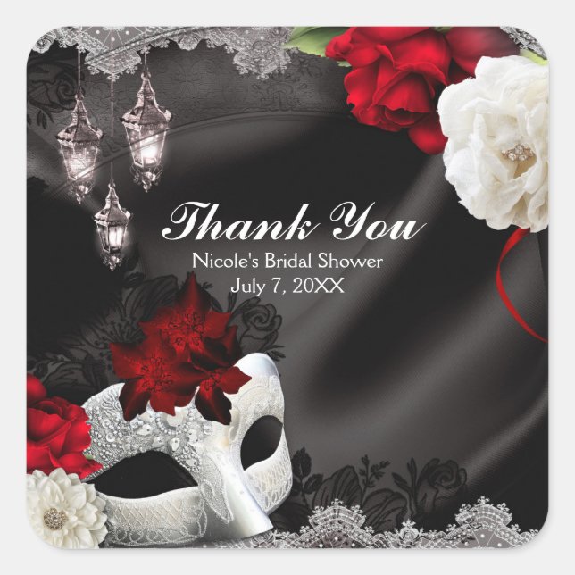 Pegatina Cuadrada Elegante Fiesta de la máscara de seda negra y la m (Anverso)