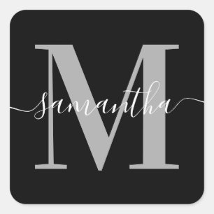 Pegatina Cuadrada Elegante firma gris monograma moderno negro