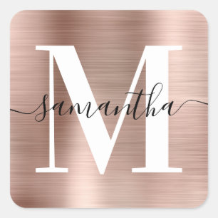 Pegatina Cuadrada Elegante firma moderno monograma rosa dorado foil