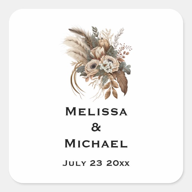 Pegatina Cuadrada Elegante flor Foliage y Feathers Boda Date (Anverso)