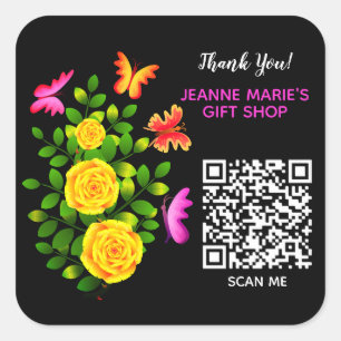 Pegatina Cuadrada Elegante Flor rosa amarilla Gracias Código QR
