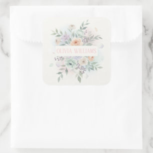 Pegatina Cuadrada Elegante Floral Acuarela 