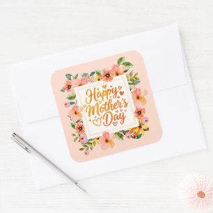 Pegatina Cuadrada Elegante Floral Acuarela Feliz Día de la Madre