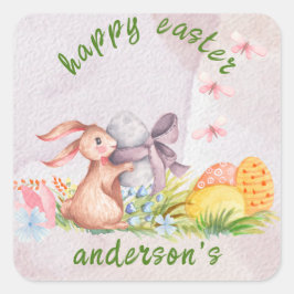 Pegatina Cuadrada Elegante Floral Acuarela - Feliz Pascua 