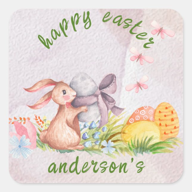 Pegatina Cuadrada Elegante Floral Acuarela - Feliz Pascua  (Anverso)