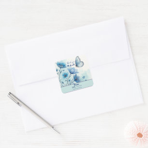 Pegatina Cuadrada Elegante Floral Azul y Mariposa Personalizado