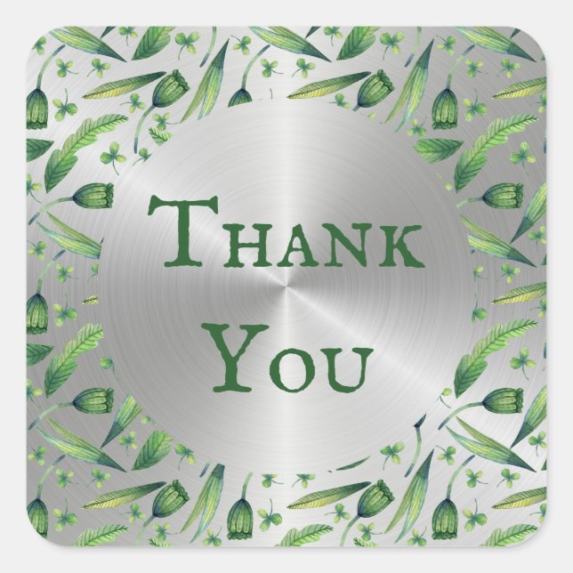 Pegatina Cuadrada Elegante Floral de color verde plateado (Anverso)