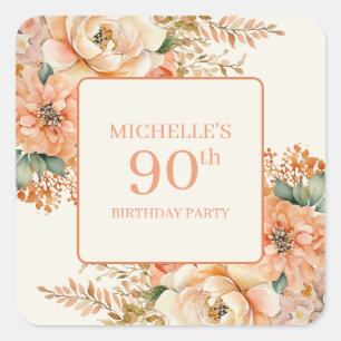 Pegatina Cuadrada Elegante Floral de Crema de Melocotón Cumpleaños 9