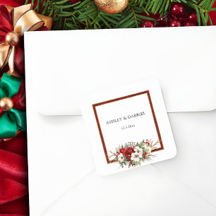 Pegatina Cuadrada Elegante Floral de Damasco Rojo de Navidad