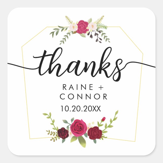 Pegatina Cuadrada Elegante Floral Gracias Boda (Anverso)