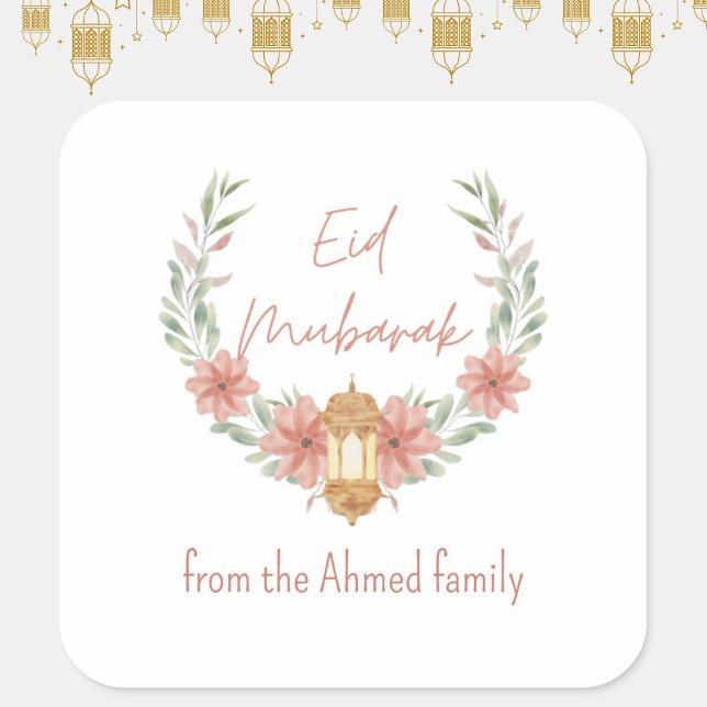 Pegatina Cuadrada Elegante Floral Moderna Eid Mubarak Nombre Blanco  (Elegant, modern Eid Mubarak stickers, for your holiday gifts, cards + crafts! Personalize with name.)