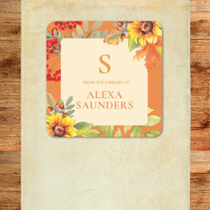 Pegatina Cuadrada Elegante Floral Monogramada de Acuarela de Otoño 