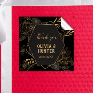 Pegatina Cuadrada Elegante Floral Negra y Dorada Gracias