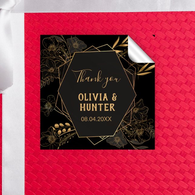 Pegatina Cuadrada Elegante Floral Negra y Dorada Gracias (Subido por el creador)