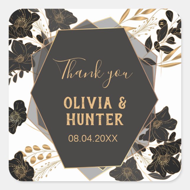 Pegatina Cuadrada Elegante Floral Negra y Dorada Gracias (Anverso)